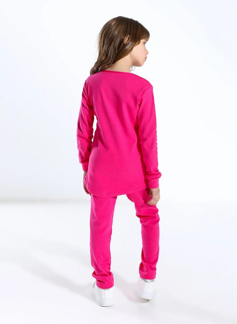 Cottonil Girl's Thermal Fleece Cotton Set Long Sleeve Top and Pants - Fuchsia - Image 2